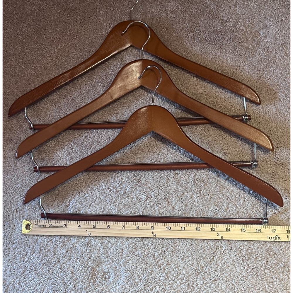 Lot Of 3 Wooden Suit Hangers Coat & Pants Dark Natural Wood 18” - Picture 2 of 2